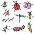 Crazy doodle insects set. Crayon like kid`s hand drawn colorful funny butterfly, bug