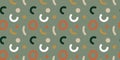 Crazy doodle lines and shapes of natural tones on green background. Cute naive seamless boho pattern. Creative