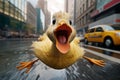 crazy duck open mouth running to you in New York city funny illustration AI Generated