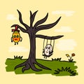 Crazy Easter card with Easter eggs on a tree. Funny painted egg hanging on a branch and egg on a swing.