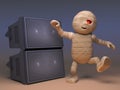 Crazy Egyptian mummy monster dancing in front of sound system at rave party, 3d illustration
