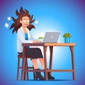 Crazy energized business woman working with laptop