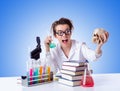 Crazy female chemist in lab Royalty Free Stock Photo