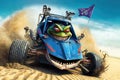 Crazy frog driving dune buggy on the sandy beach illustration generative ai