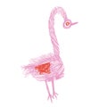 Crazy funny bird looking front and stay in pink and red colours in doodles hand drawn style.