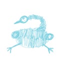 Crazy funny bird sitting in aqua colour in doodles hand drawn style. Royalty Free Stock Photo