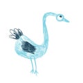 Crazy funny bird stand in blue and aqua colours in doodles hand drawn style.