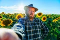 crazy Funny male aged farmer making selfie on smartphone in the sunflower farmland.