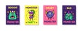 Crazy funny monsters, cute posters. Boy or girl prints, graphic quotes, cool creative stickers with slogan, urban