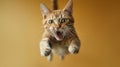 Crazy ginger cat in flight, face of jumping and screaming pet. Portrait of funny flying domestic animal on yellow studio Royalty Free Stock Photo