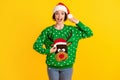 Crazy girl ready x-mas christmas atmosphere theme party hold pompon headwear redindeer decor sweater jumper impressed