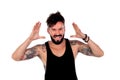 Crazy guy with tattoos in his arms Royalty Free Stock Photo