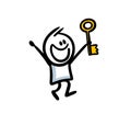 Crazy happy doodle boy character with gold house key in rising hands. Royalty Free Stock Photo