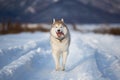 Happy Dog breed siberian husky running in the winter field on mountains background