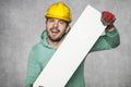 Crazy happy worker with empty advertising space Royalty Free Stock Photo
