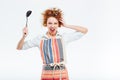 Crazy housewife in apron holding soup ladle