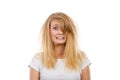 Crazy, mad blonde woman with messy hair Royalty Free Stock Photo