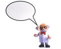 Crazy mad professor scientist with speech bubble, 3d illustration