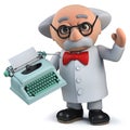 Crazy mad scientist holding an old retro typewriter in 3d Royalty Free Stock Photo