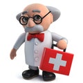 Crazy mad scientist plays at being doctor by carrying first aid kit in 3d