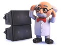 Crazy mad scientist professor in 3d deafened by a loud PA sound system