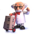 Crazy mad scientist professor delivering parcels with hand cart in 3d