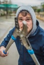 Crazy man attacking with scissors Royalty Free Stock Photo