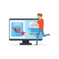 Crazy man with giant computer, online shopping, shopaholic man vector Illustration