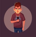 Crazy man highlights his face with flashlight. Person in the dark. Cartoon vector illustration.