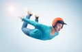 Crazy man in red helmet is flying in the sky. Jumper concept Royalty Free Stock Photo