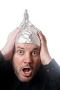 Crazy man wearing tin foil hat Royalty Free Stock Photo