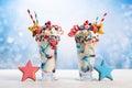 Crazy milk shake with ice cream,whipped cream, marshmallow,cookies and colored candy in glass. Sweet dessert for Fourth of July.