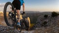 Crazy. A mountain biker plunges over the rocks into the valley in Castille. Royalty Free Stock Photo