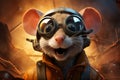 Crazy mouse in pilot goggles, helmet and stylish leather jacket looking admiringly at the camera against the background