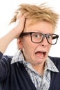 Crazy nerd boy with messy hair shouting Royalty Free Stock Photo