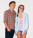 Crazy nerd couple at party, glasses and funny face with gen z fashion with university youth culture. Goofy woman, man