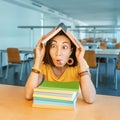 nerd girl buried in textbooks and teaches math to prepare for exams. Concept of a University and school library Royalty Free Stock Photo