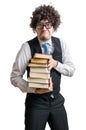 Crazy nerd professor with books isolated on white background Royalty Free Stock Photo