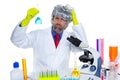 Crazy nerd scientist silly man on chemical laboratory Royalty Free Stock Photo