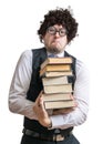 Crazy nerd student with many books isolated on white background