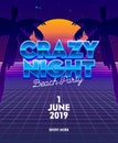 Crazy Night Beach Party Banner with Typography on Synthwave Neon Grid Futuristic Background with Palm Trees and Full Moon Royalty Free Stock Photo