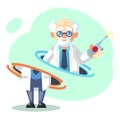 Crazy old scientist is teleporting. Funny character. Cartoon vector illustration. Mad professor. Science experiment