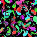 Crazy paern with abstract funny cartoon-like microbes and bacteria on black background, colorful abstractseamless pattern, raster