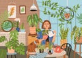 Crazy plant lady at greenhouse or home garden. Cute funny young woman with watering can taking care of houseplants