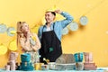 Crazy positive man putting on the colander