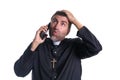 Priest talking smartphone funny expression