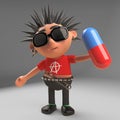 Crazy punk rock cartoon character holding a pill of medicine, 3d illustration