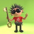 Crazy punk rock kid holding a gold key, 3d illustration Royalty Free Stock Photo