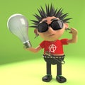 Crazy punk rocker holding a lightbulb, 3d illustration Royalty Free Stock Photo