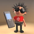 Crazy punk rocker using an old cellphone, 3d illustration